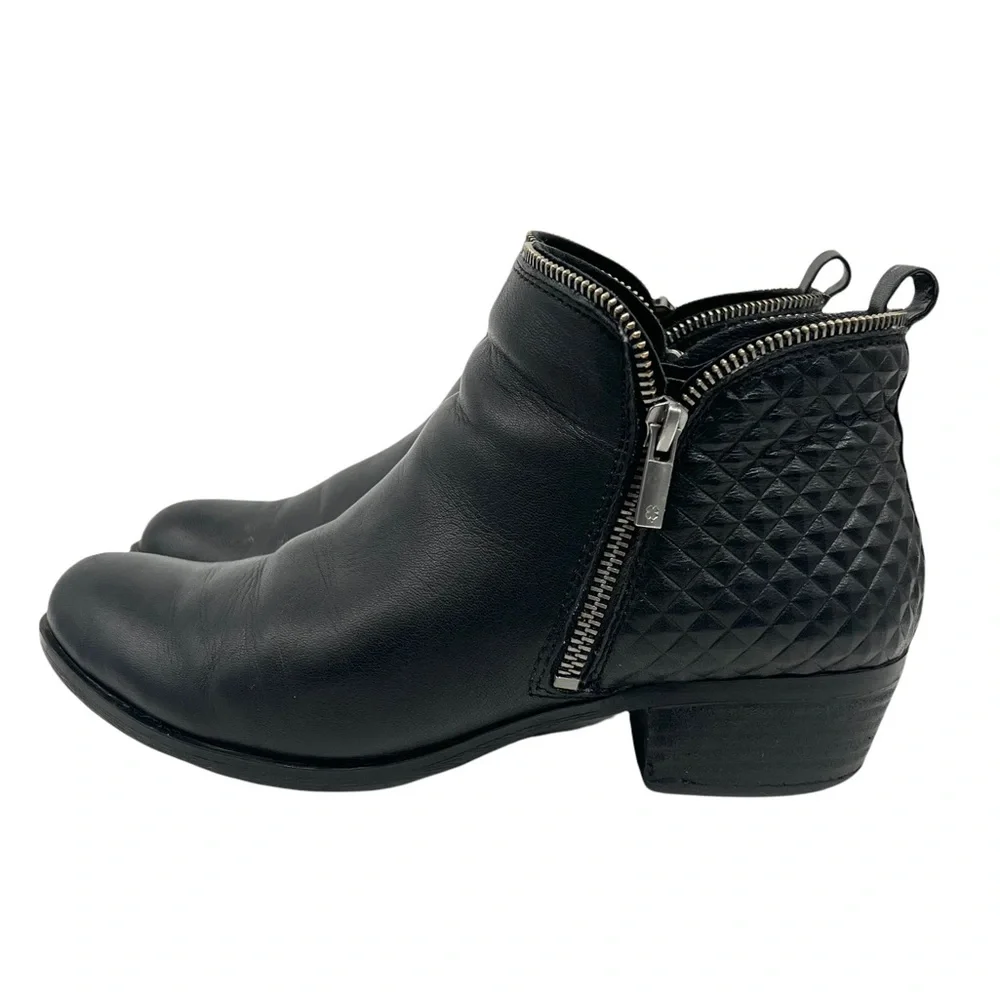 Lucky Brand Bartalino Black Leather Ankle Booties Zipper Details